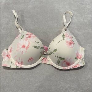 PINK Victoria's Secret Cream and Pink Floral Underwire Push Up Bra